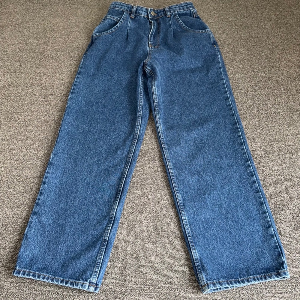 PrettyLittleThing Petite Wide Leg Jeans Blue High Waisted Pleated Cotton Size 6
